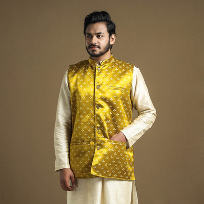 Yellow - hand printed mashru silk nehru jacket - handcrafted