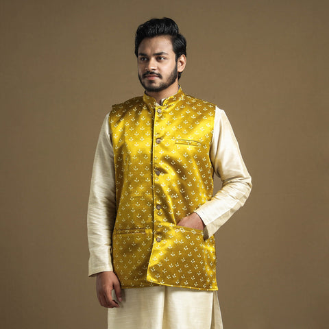 Yellow - hand printed mashru silk nehru jacket - handcrafted