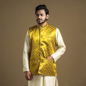 Yellow - hand printed mashru silk nehru jacket - handcrafted