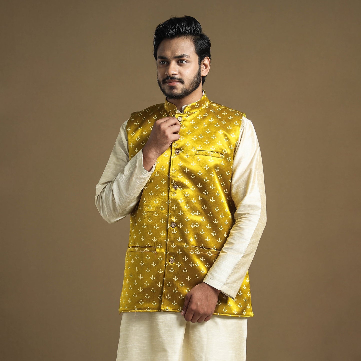 Yellow - hand printed mashru silk nehru jacket - handcrafted