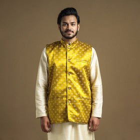 Yellow - hand printed mashru silk nehru jacket - handcrafted