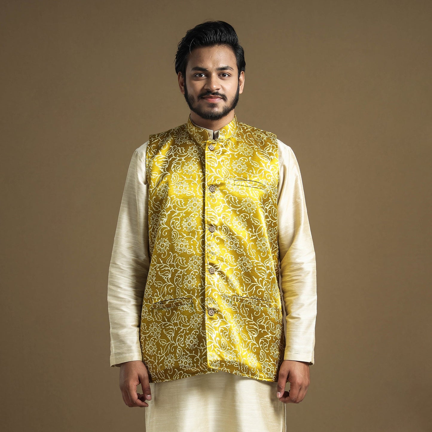 Yellow - hand printed mashru silk nehru jacket - handcrafted