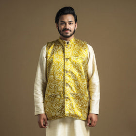 Yellow - hand printed mashru silk nehru jacket - handcrafted