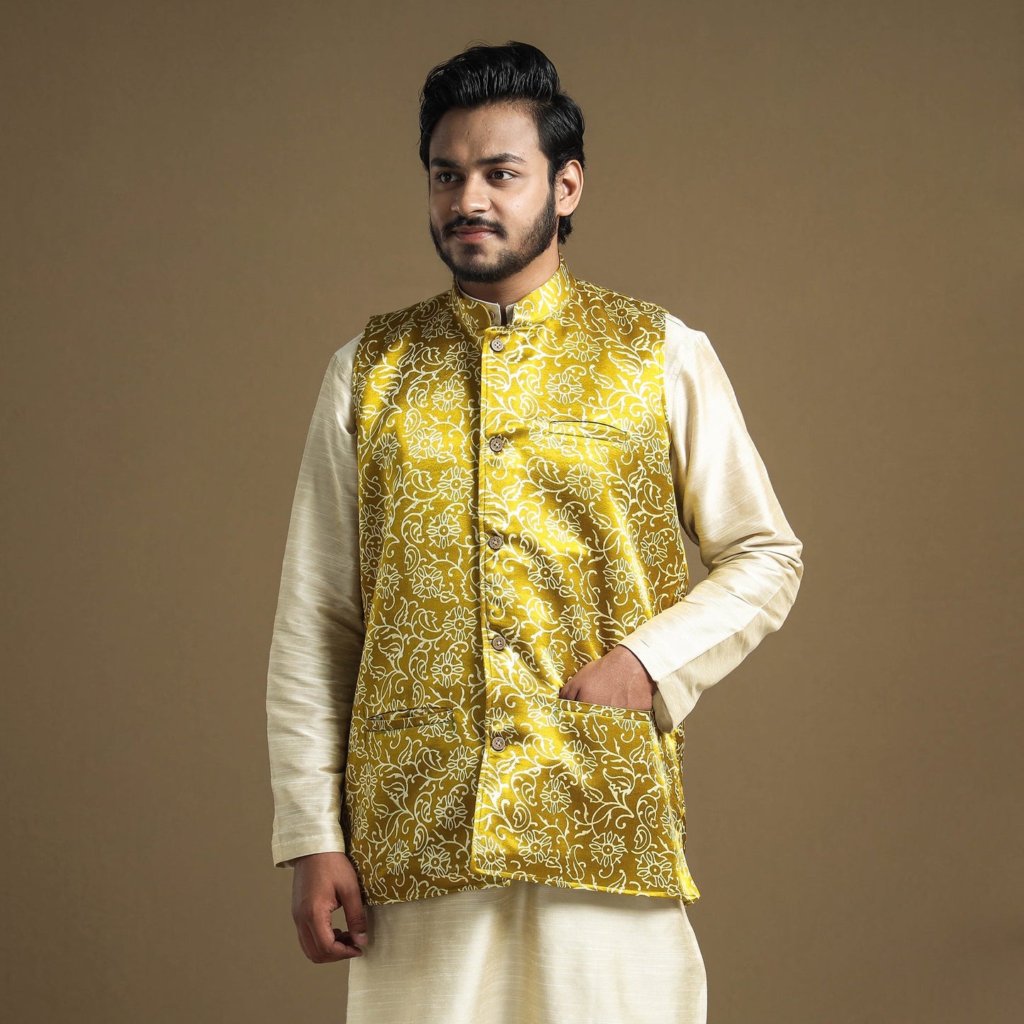 Yellow - hand printed mashru silk nehru jacket - handcrafted