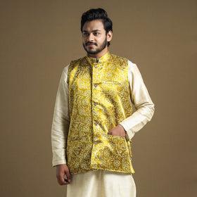 Yellow - hand printed mashru silk nehru jacket - handcrafted