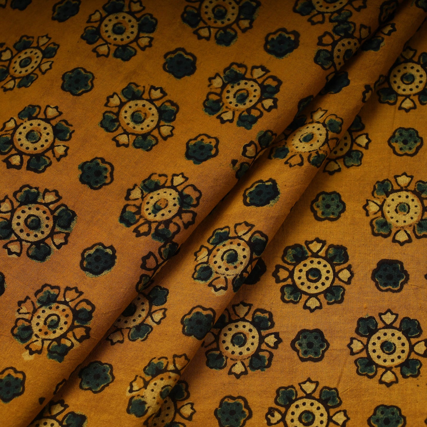 Yellow Hand Block Print Cotton Ajrakh Fabric