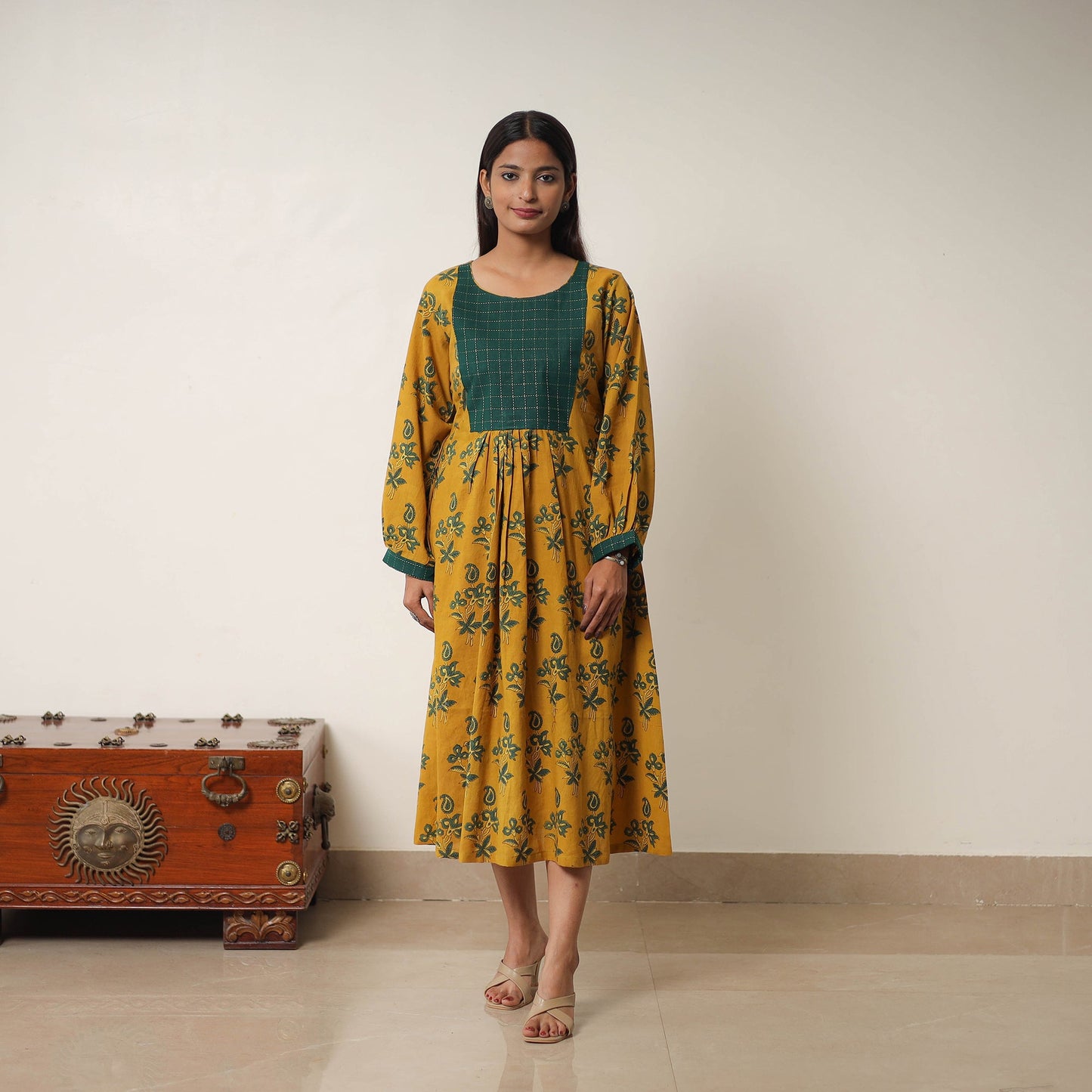 Yellow - Hand Block Print Cotton Flared Gher Ajrakh Dress 13