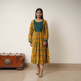 Yellow - Hand Block Print Cotton Flared Gher Ajrakh Dress 13