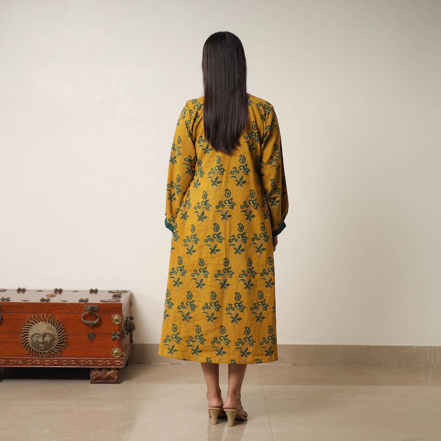 Yellow - Hand Block Print Cotton Flared Gher Ajrakh Dress 13