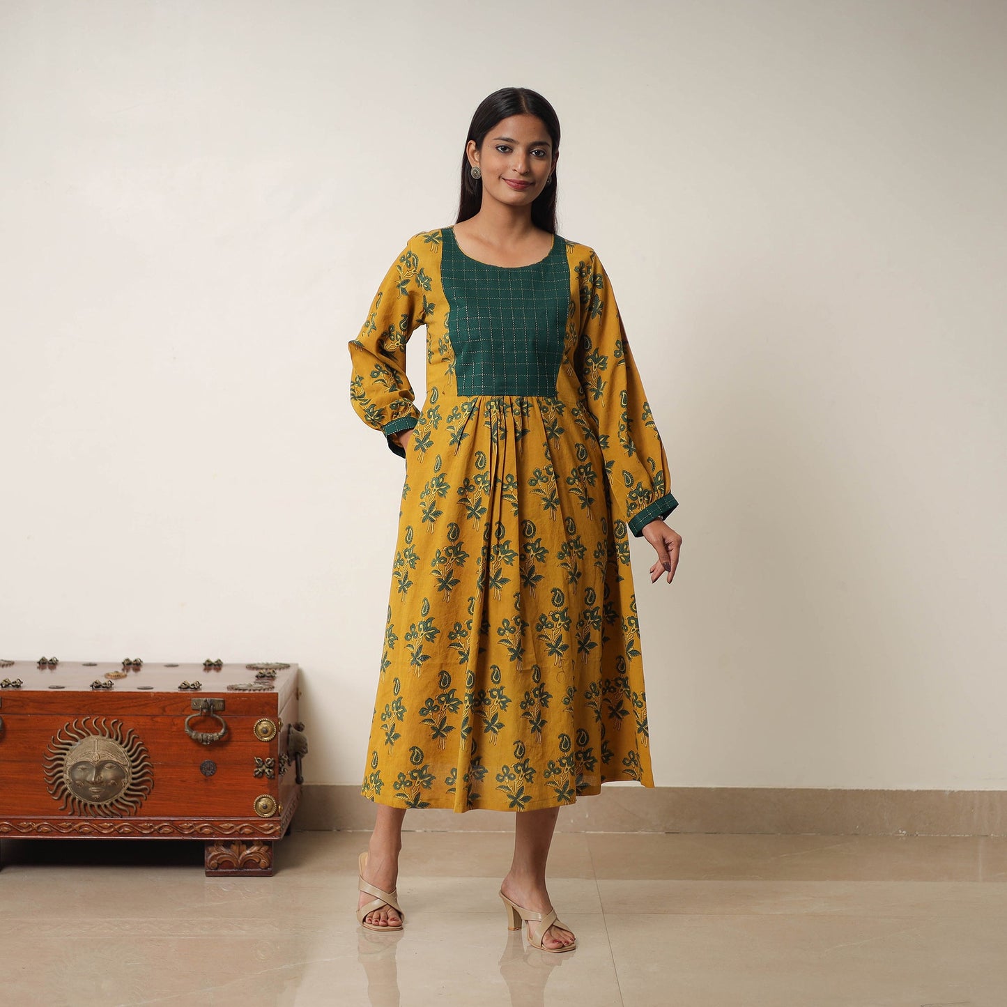 Yellow - Hand Block Print Cotton Flared Gher Ajrakh Dress 13