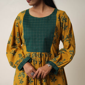 Yellow - Hand Block Print Cotton Flared Gher Ajrakh Dress 13