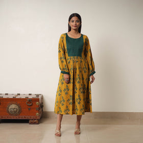 Yellow - Hand Block Print Cotton Flared Gher Ajrakh Dress 13