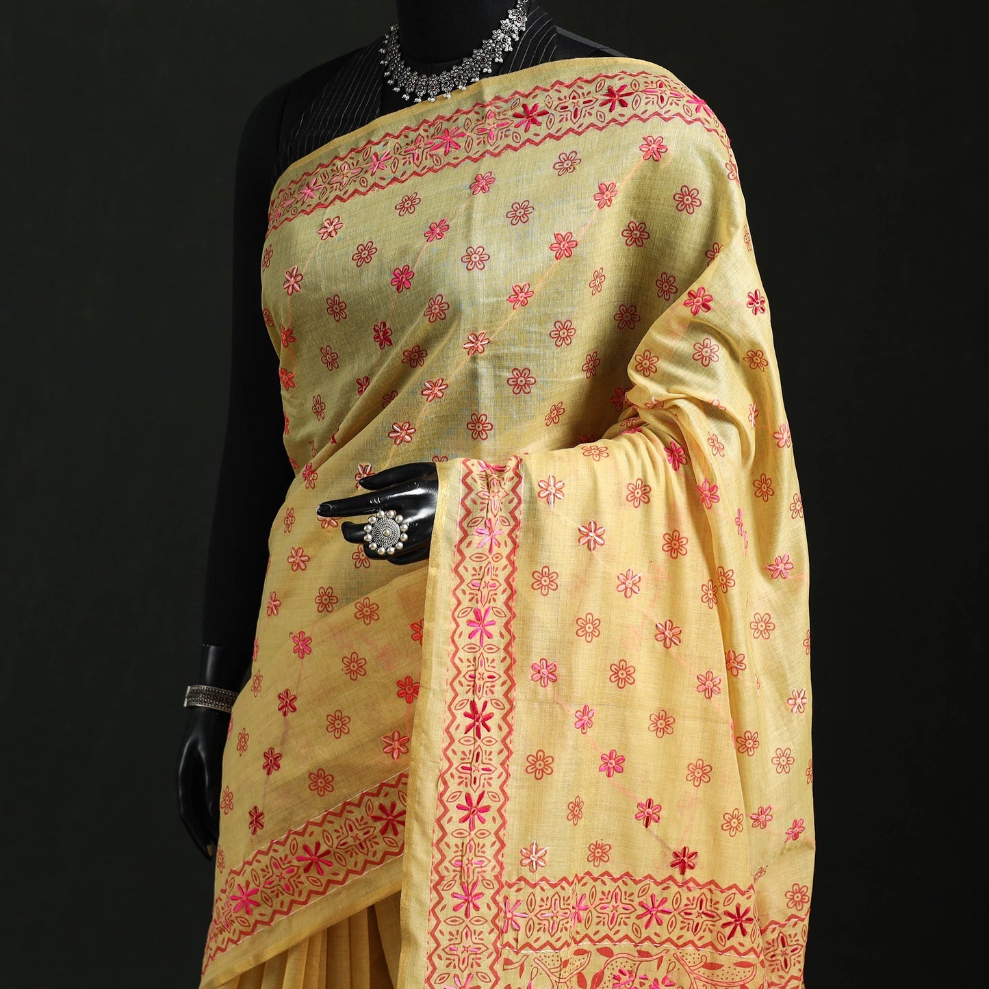 Hand embroidered chanderi silk chapa work phulkari saree 18