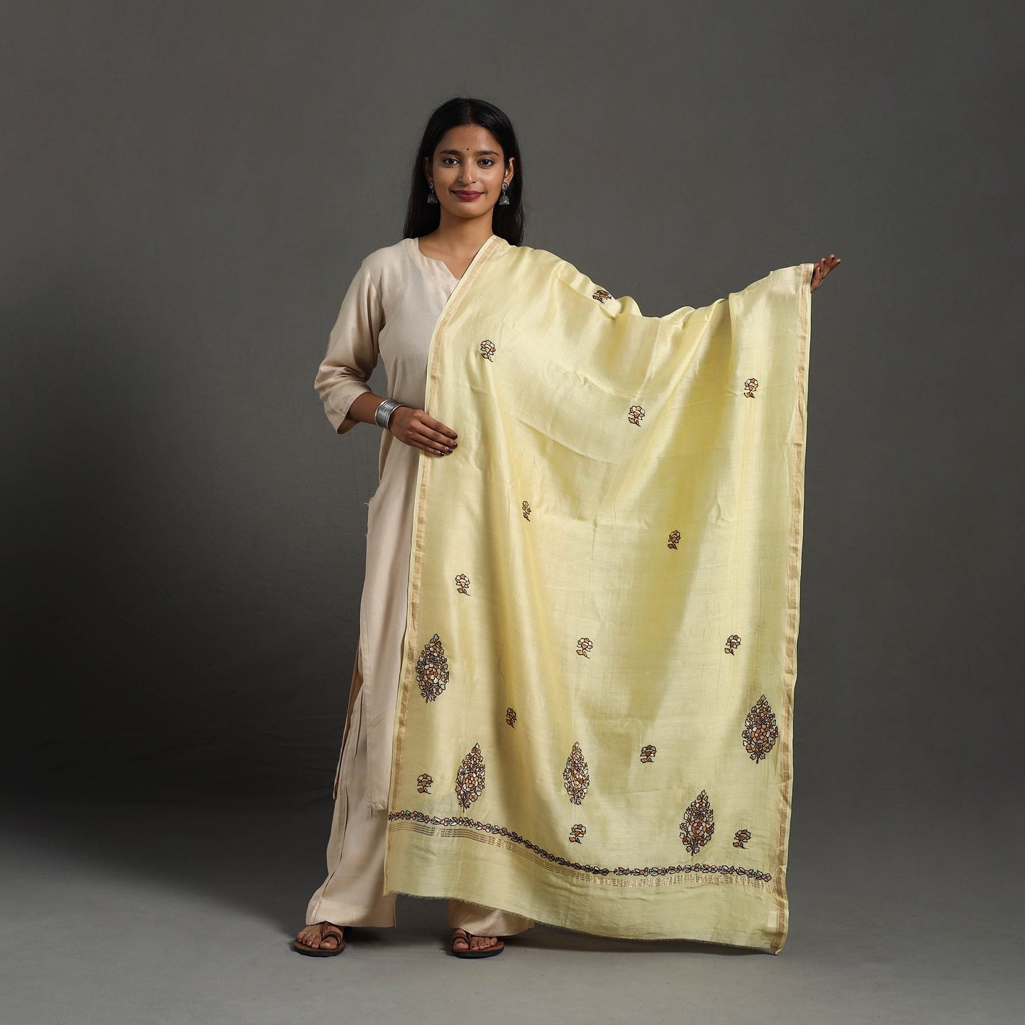 Yellow - hand embroidered chanderi silk handloom kashida