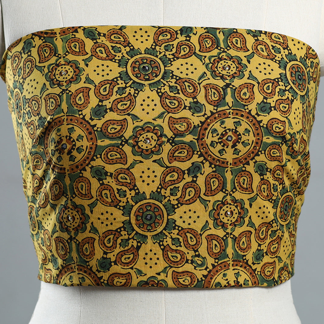 Yellow - Hand Embroidered Ajrakh Cotton Blouse Piece 04