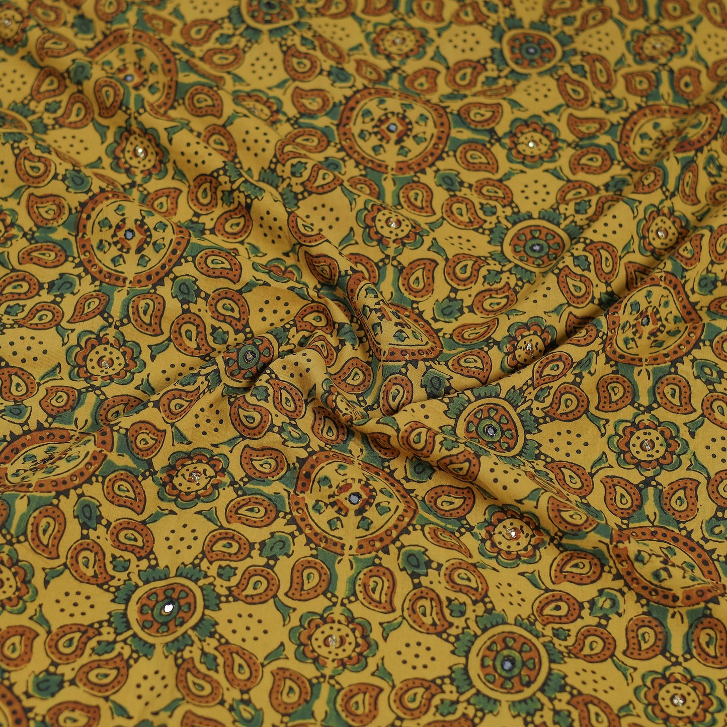 Yellow - Hand Embroidered Ajrakh Cotton Blouse Piece 04