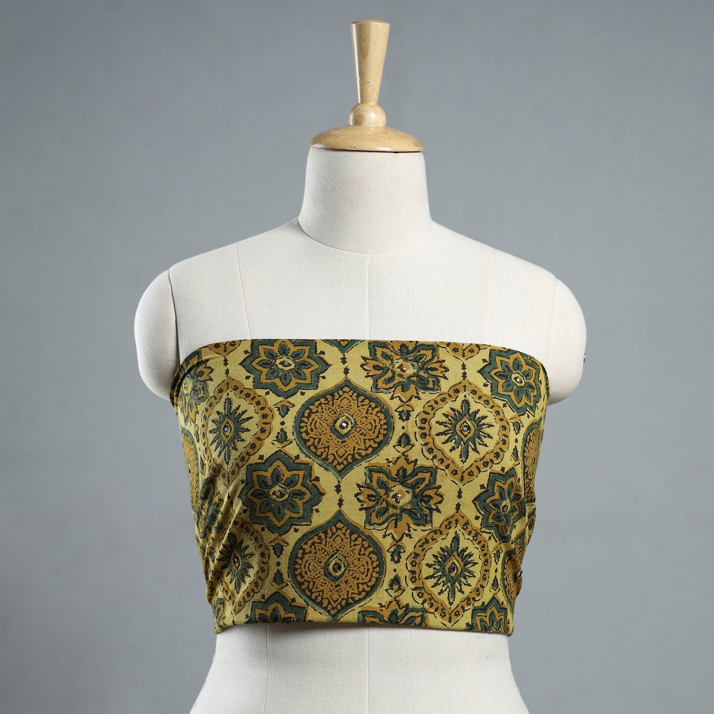 Yellow - Hand Embroidered Ajrakh Cotton Blouse Piece 05