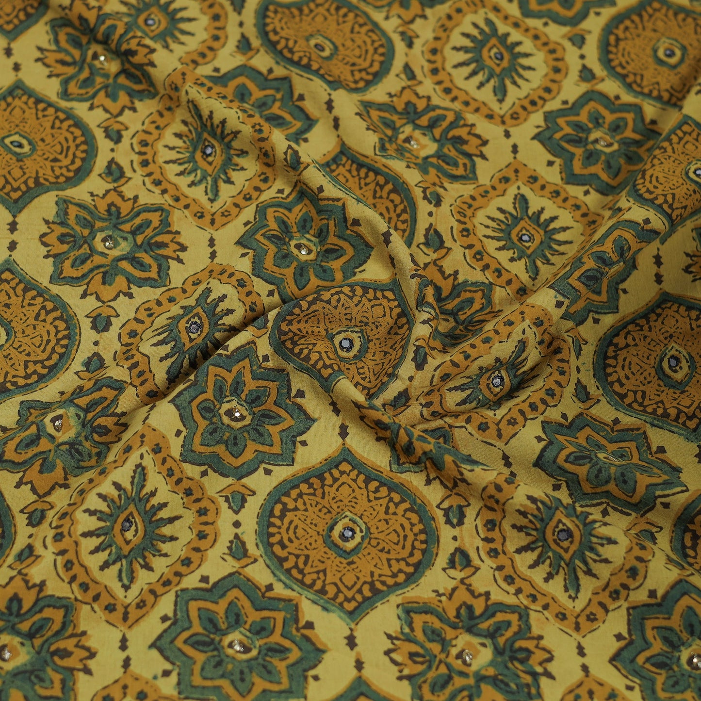 Yellow - Hand Embroidered Ajrakh Cotton Blouse Piece 05