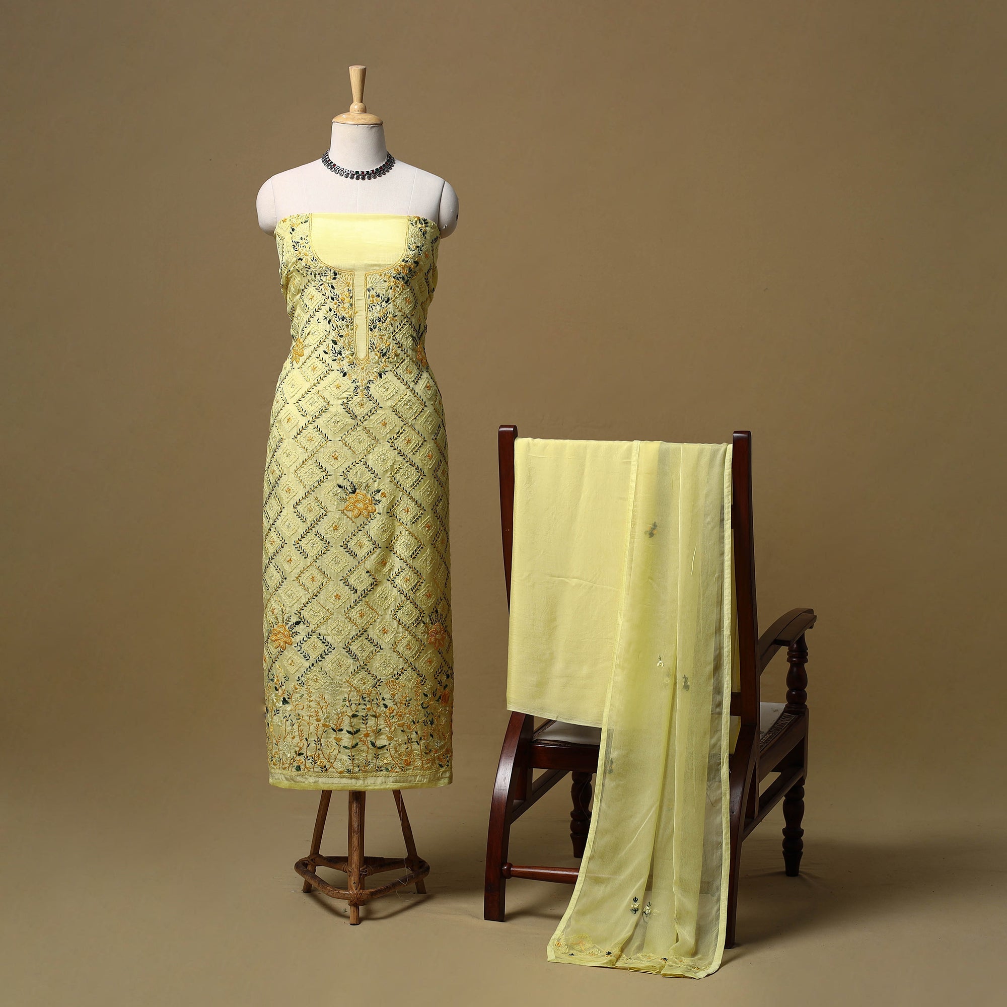 Yellow Hand Embroidered Muslin 3pc Unstitched Dress Material Suit Sets