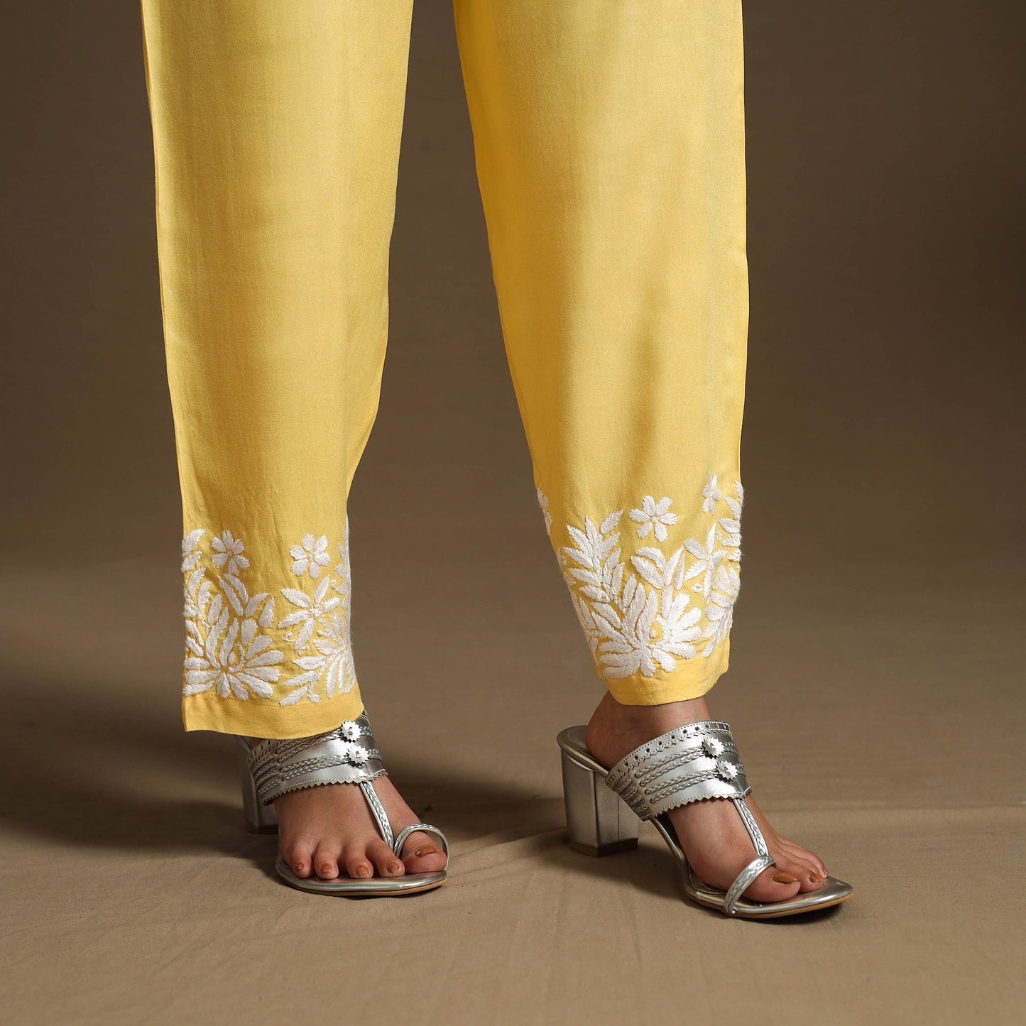 Yellow Hand Embroidered Rayon Chikankari Kurta with Pant Set