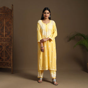 Yellow Hand Embroidered Rayon Chikankari Kurta with Pant Set