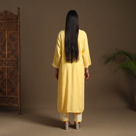 Yellow Hand Embroidered Rayon Chikankari Kurta with Pant Set