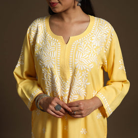 Yellow Hand Embroidered Rayon Chikankari Kurta with Pant Set