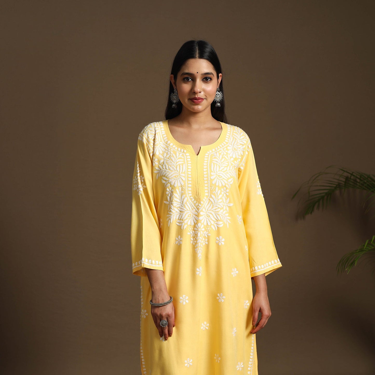 Yellow Hand Embroidered Rayon Chikankari Kurta with Pant Set