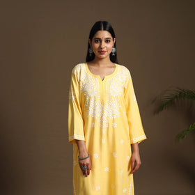 Yellow Hand Embroidered Rayon Chikankari Kurta with Pant Set