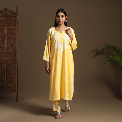 Yellow Hand Embroidered Rayon Chikankari Kurta with Pant Set