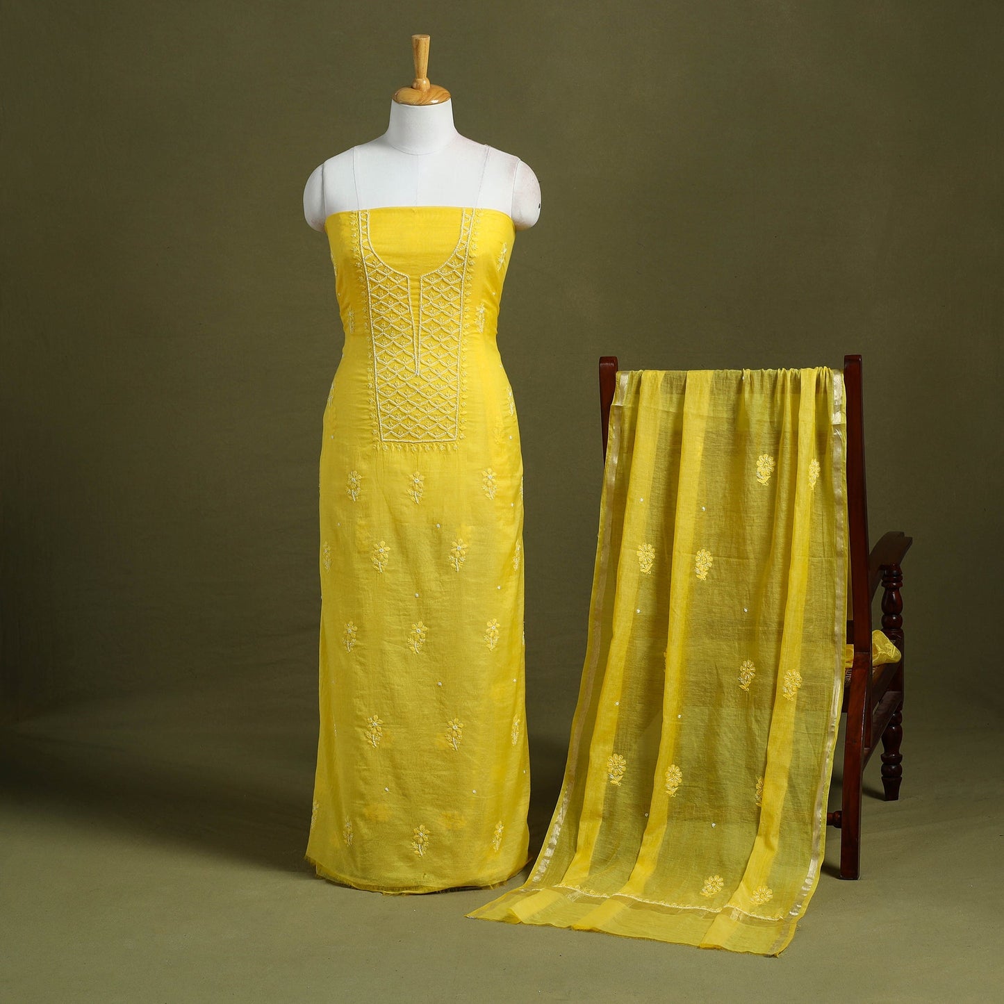 Hand Embroidery 2pc Mul Chanderi Chikankari Dress Material