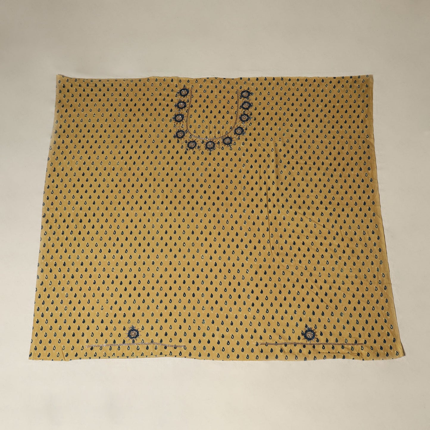 Yellow Ajrakh Print Hand Embroidery Cotton Blouse Piece