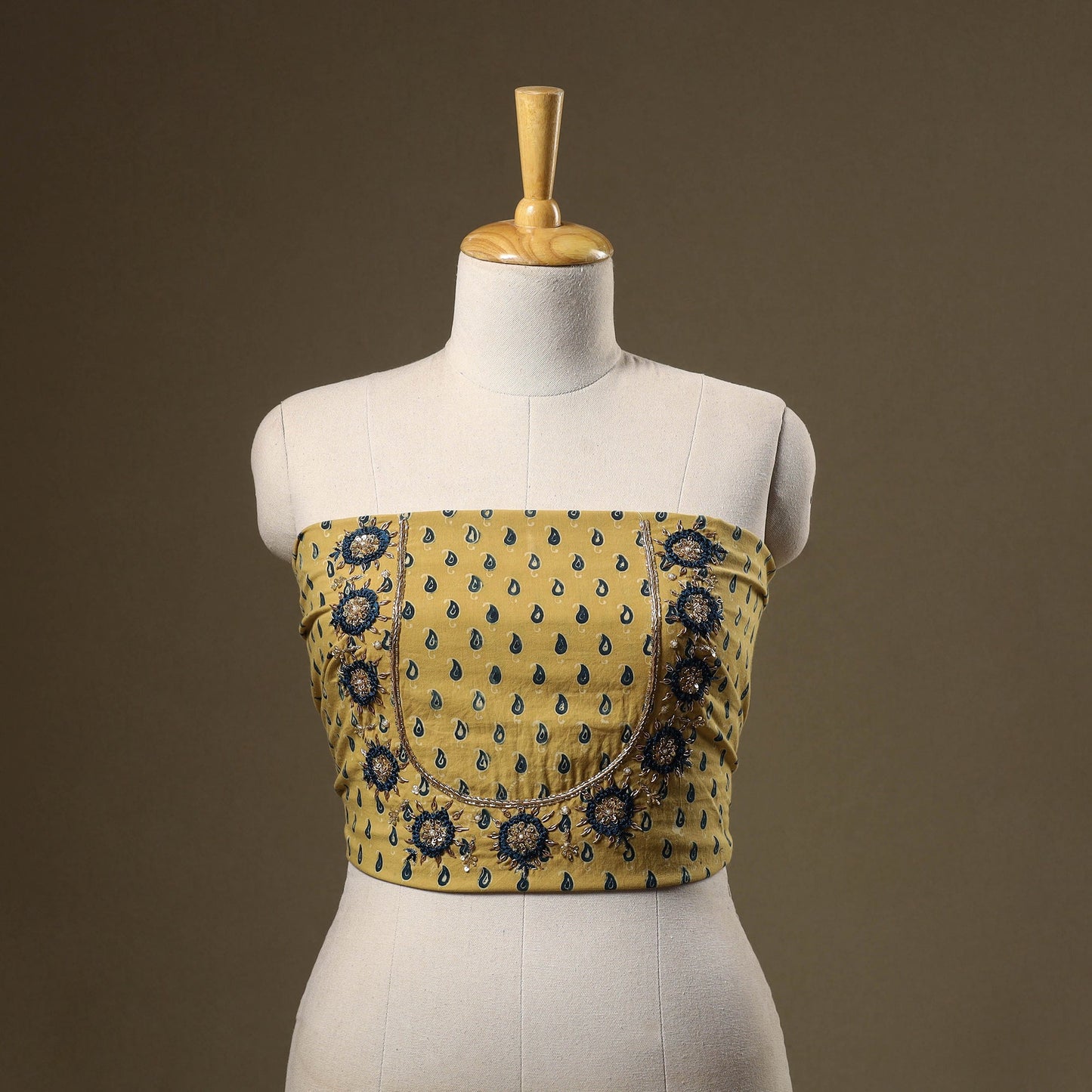 Yellow Ajrakh Print Hand Embroidery Cotton Blouse Piece