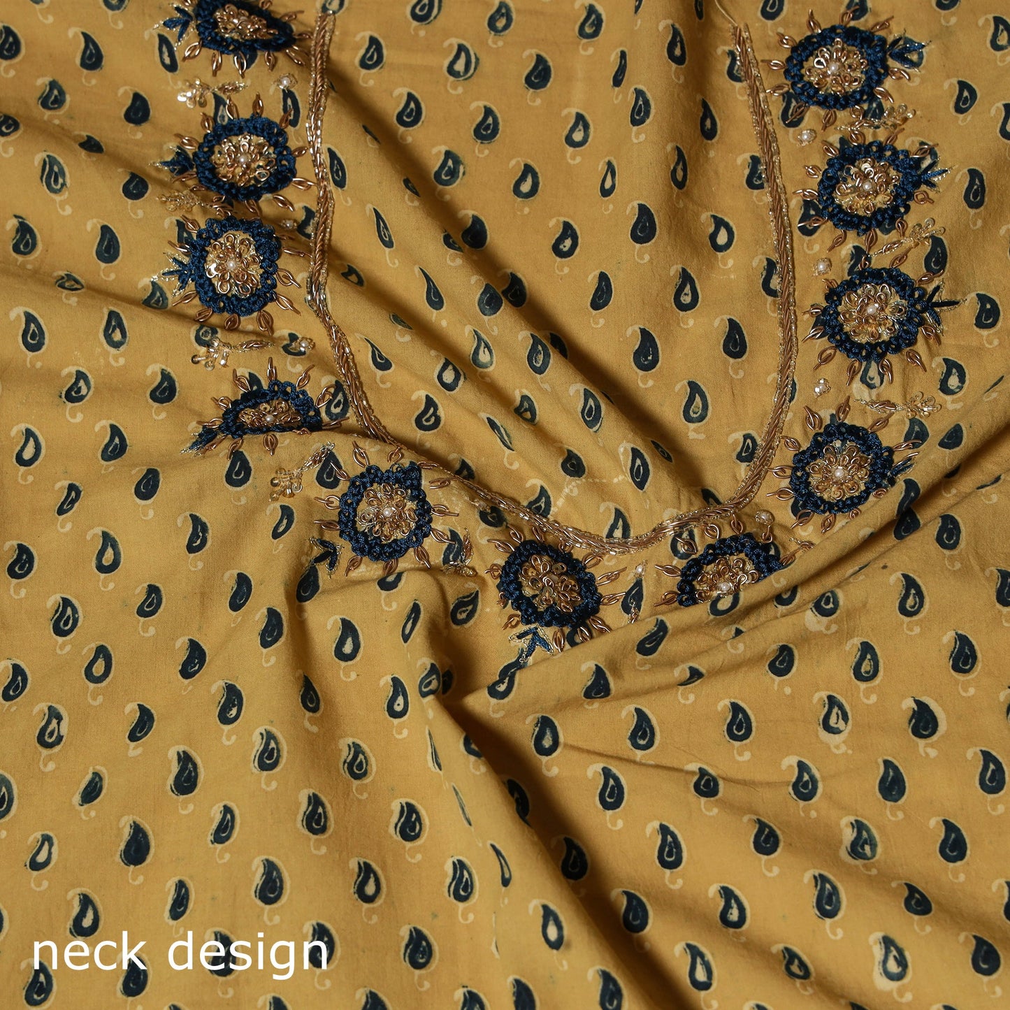 Yellow Ajrakh Print Hand Embroidery Cotton Blouse Piece