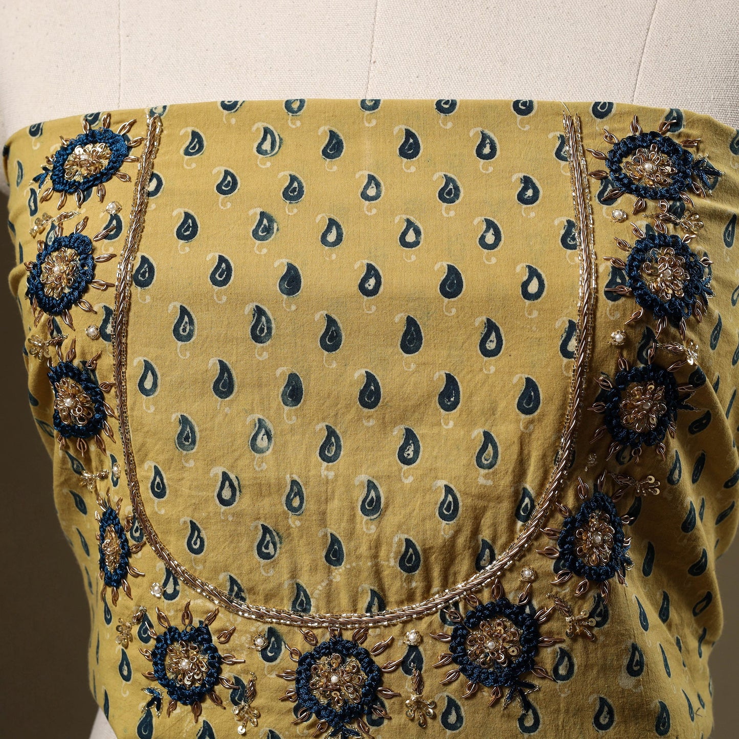 Yellow Ajrakh Print Hand Embroidery Cotton Blouse Piece