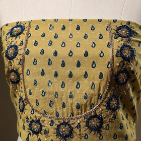Yellow Ajrakh Print Hand Embroidery Cotton Blouse Piece