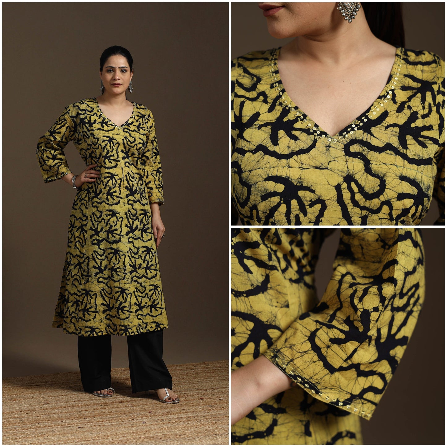 Hand embroidery cotton a-line batik kurta for women 05