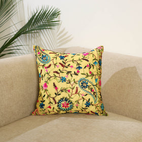Yellow Hand Embroidered Cushion Cover in Chanderi Silk