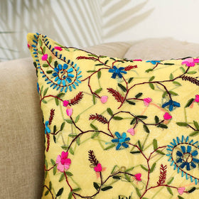 Yellow Hand Embroidered Cushion Cover in Chanderi Silk