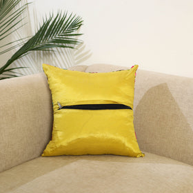Yellow Hand Embroidered Cushion Cover in Chanderi Silk