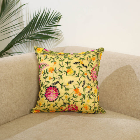 Yellow Hand Embroidered Cushion Cover in Chanderi Silk