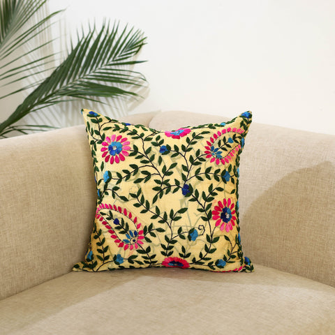 Yellow Hand Embroidered Cushion Cover in Chanderi Silk