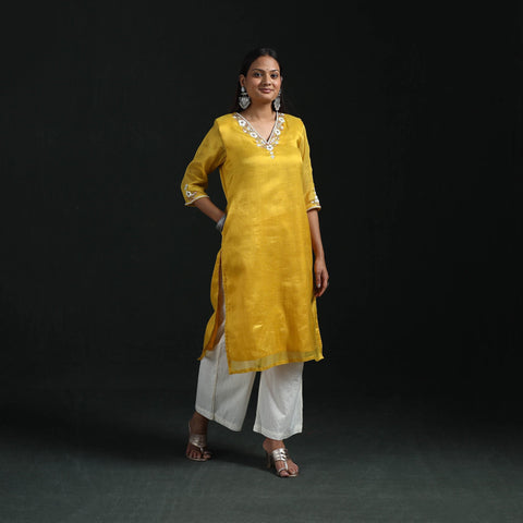Hand embroidery fine tissue zari straight plain kurta