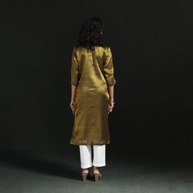 Yellow - hand embroidery fine tissue zari straight plain