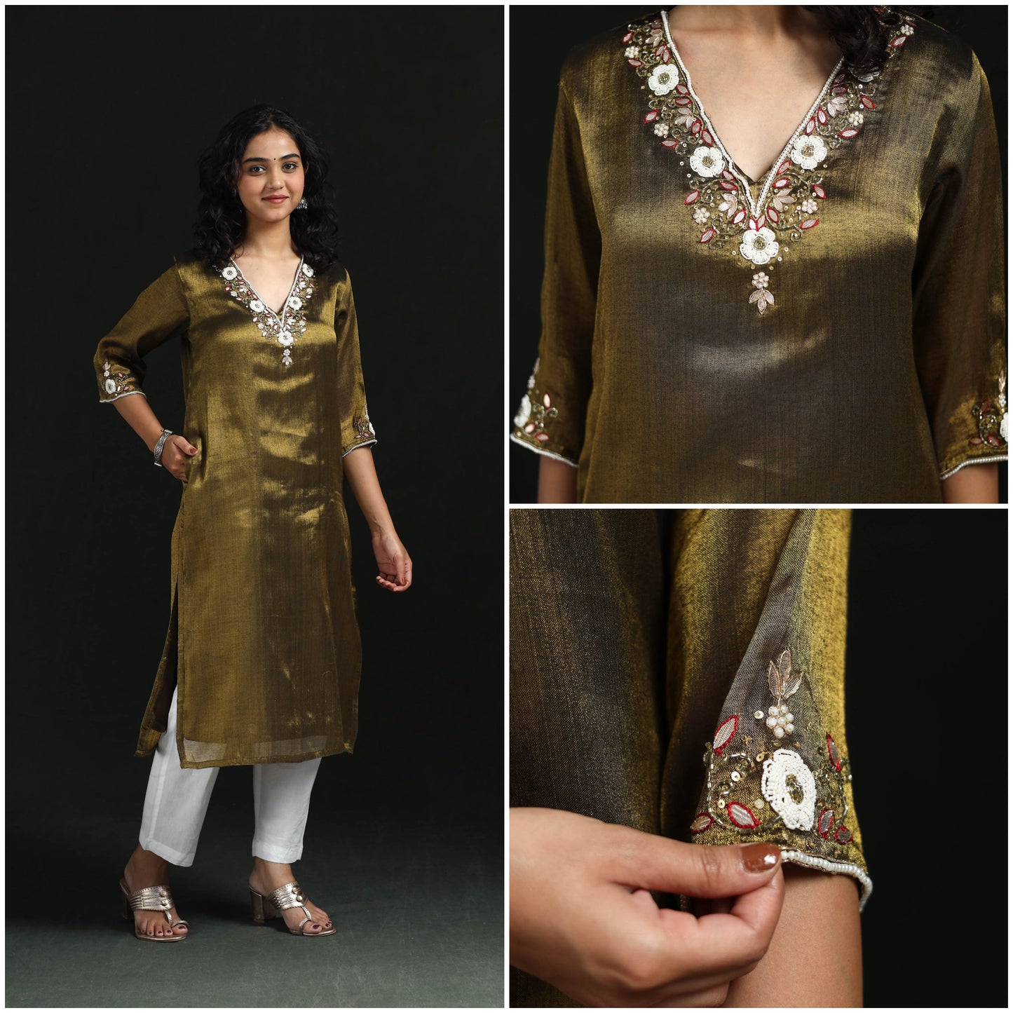 Yellow - hand embroidery fine tissue zari straight plain