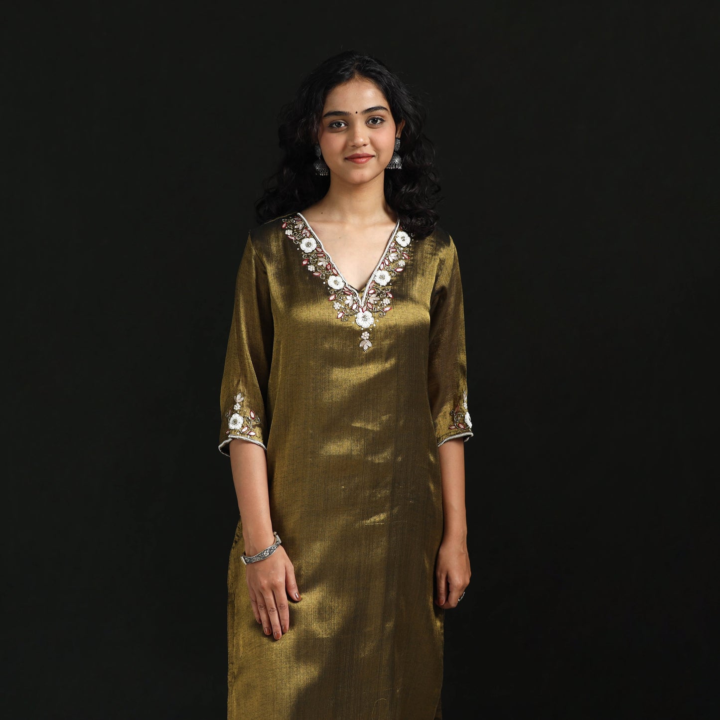 Yellow - hand embroidery fine tissue zari straight plain