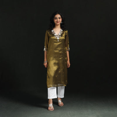 Yellow - hand embroidery fine tissue zari straight plain