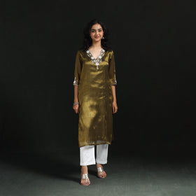 Yellow - hand embroidery fine tissue zari straight plain