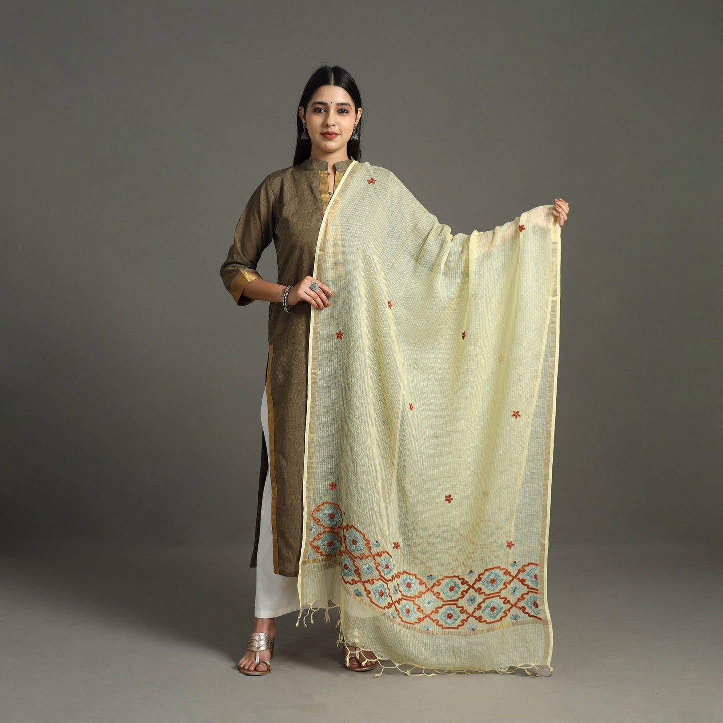 Yellow - hand embroidery kota silk handloom kashida dupatta
