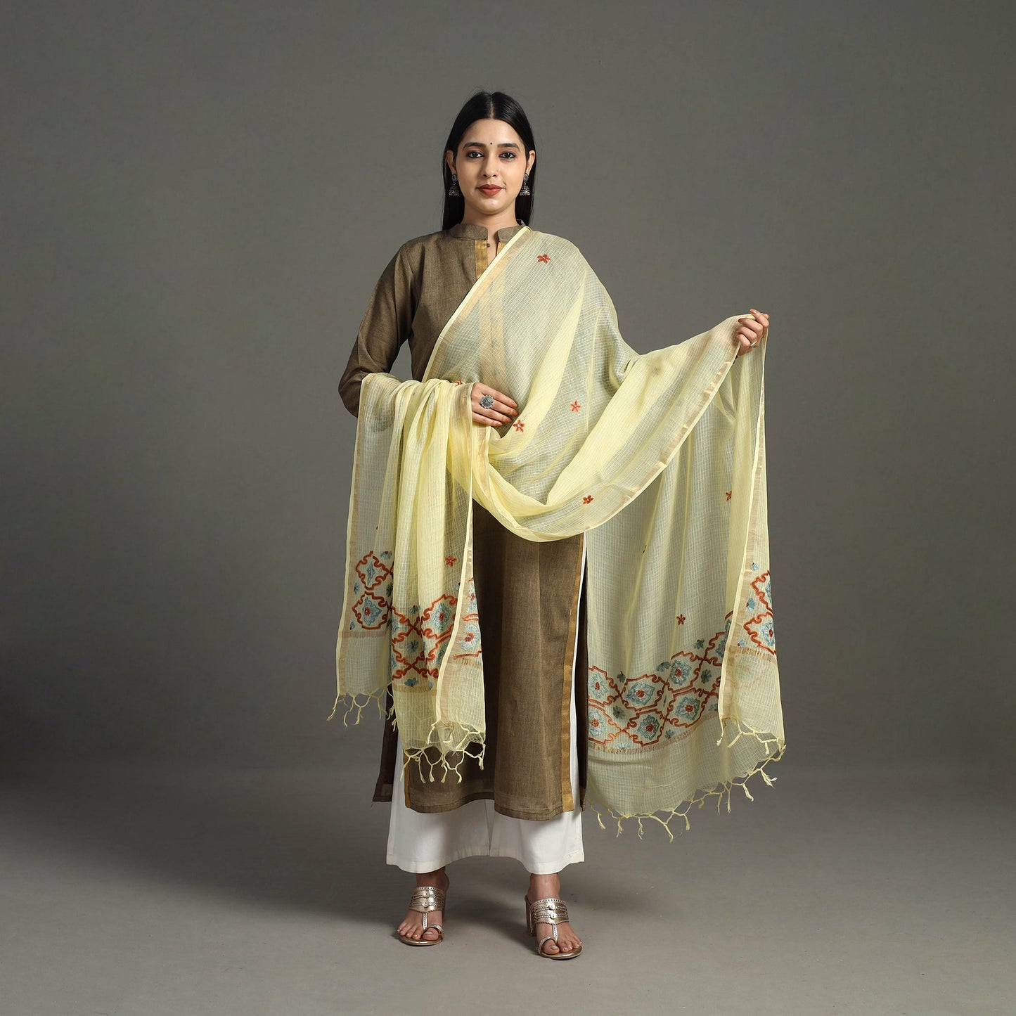 Yellow - hand embroidery kota silk handloom kashida dupatta